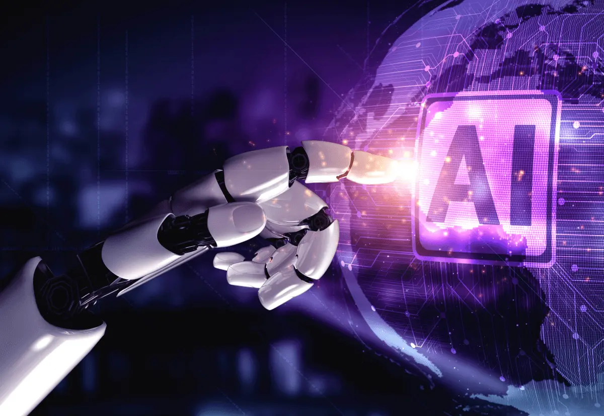 This graphic depicts a robotic hand reaching out to touch a glowing button labeled "AI." The background features a digital globe with intricate circuit patterns and a purple hue, emphasizing a high-tech, futuristic theme. The robotic hand is designed with sleek, metallic segments, and its fingertip makes contact with the AI button, creating a bright, radiant effect. The overall image conveys the integration of artificial intelligence with advanced robotics, symbolizing innovation, technological advancement, and the future of AI.